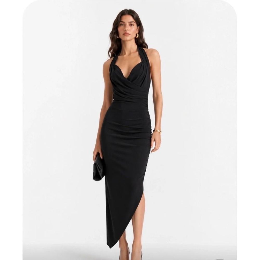 NORMA KAMALI Cayla halter ruched asymmetrical black halter dress size L/40